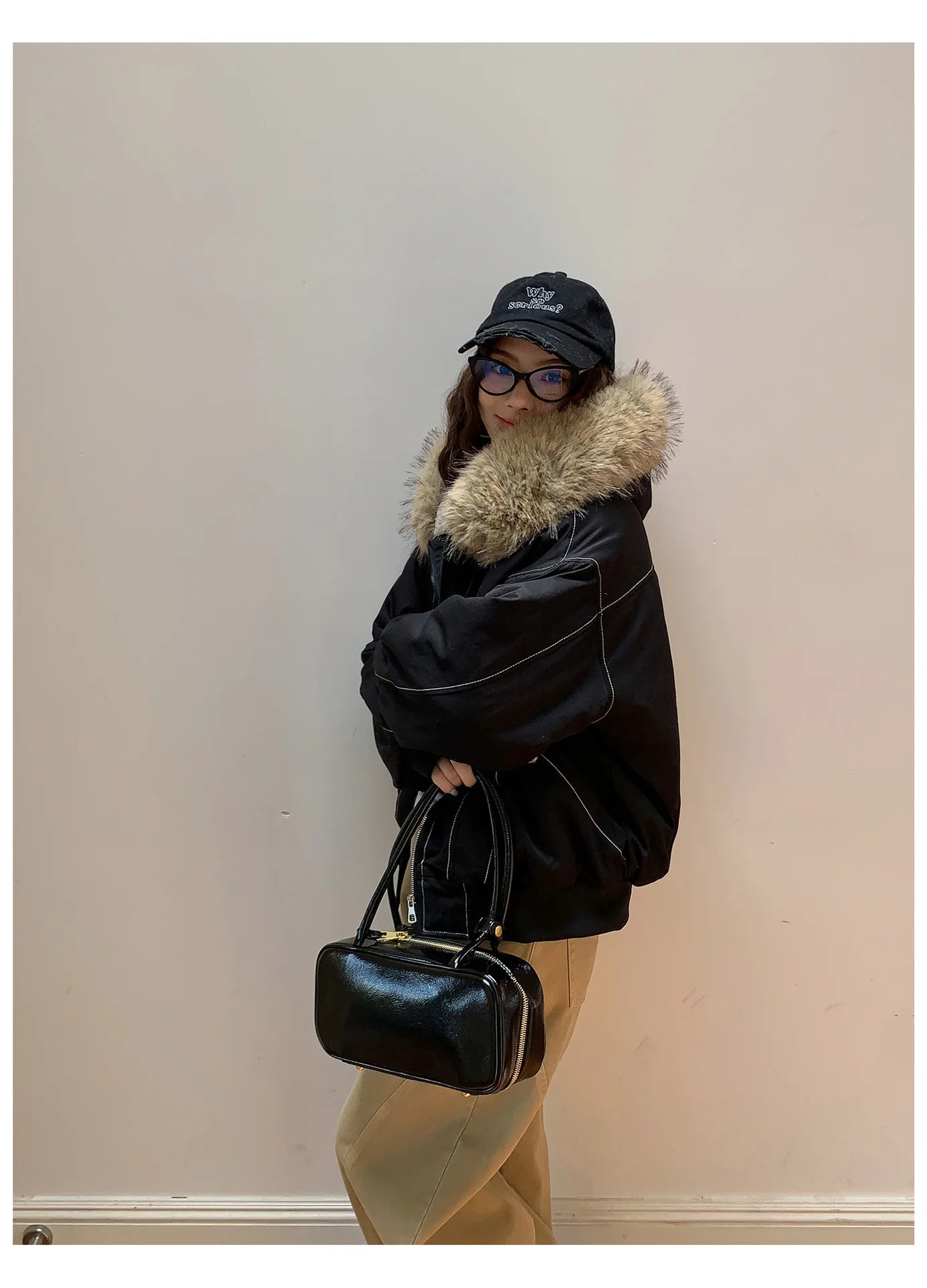 Women Short Parkas Coat Solid Jacket Big Fur Collar Hooded Zipper Pocket Long Sleeve Loose Casual Office Lady 2025 Autumn Winter