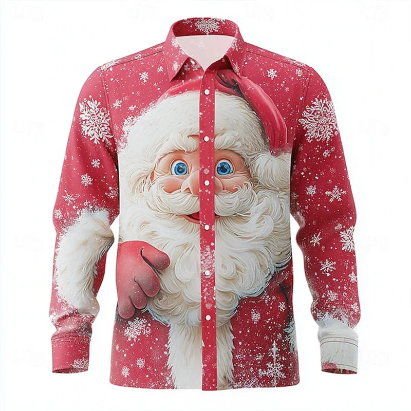 2026 New Men's Christmas Shirt Button Long Sleeve Fun Outdoor Festival Spring and Autumn Lapel 3D Printed Lapel Shirt Red