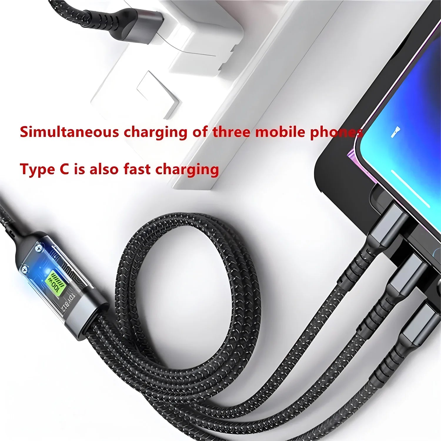 100W Fast Charging 3 in 1 Multi Charger Cable Nylon Braided USB-C Micro Universal Charging Cord with Type-C Micro Adapter