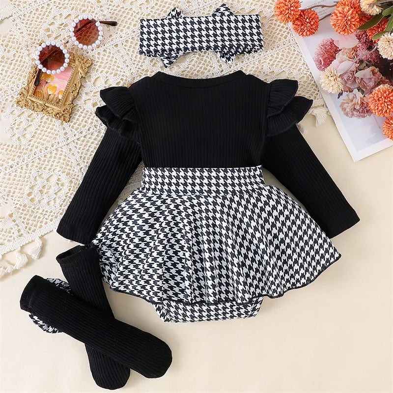 Baby Girl Spring Outfits Long Sleeve Houndstooth Print Romper Dress with Headband and Long Socks