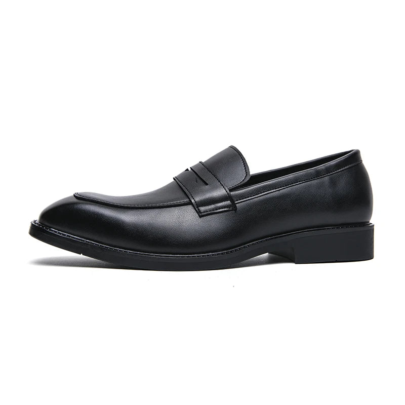 Fashion Penny Loafers Leather Men Shoes Simple Pointed Toe Slip On Dress Business Suit Casual Party Wedding Shoes For Man Brown