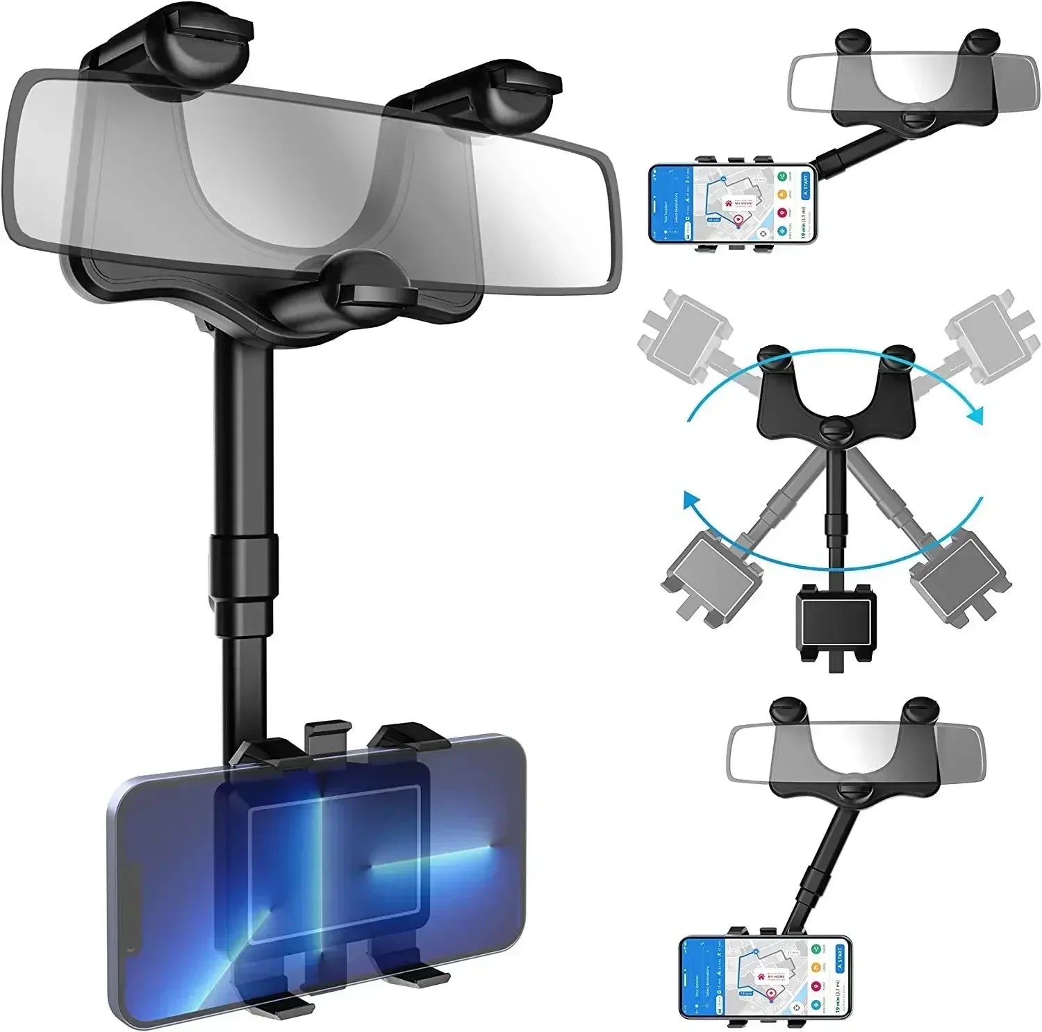 Universal Car Phone Mount with Rotating and Retractable Design for Rearview Mirror, DVR, GPS, and Dashboard Camera