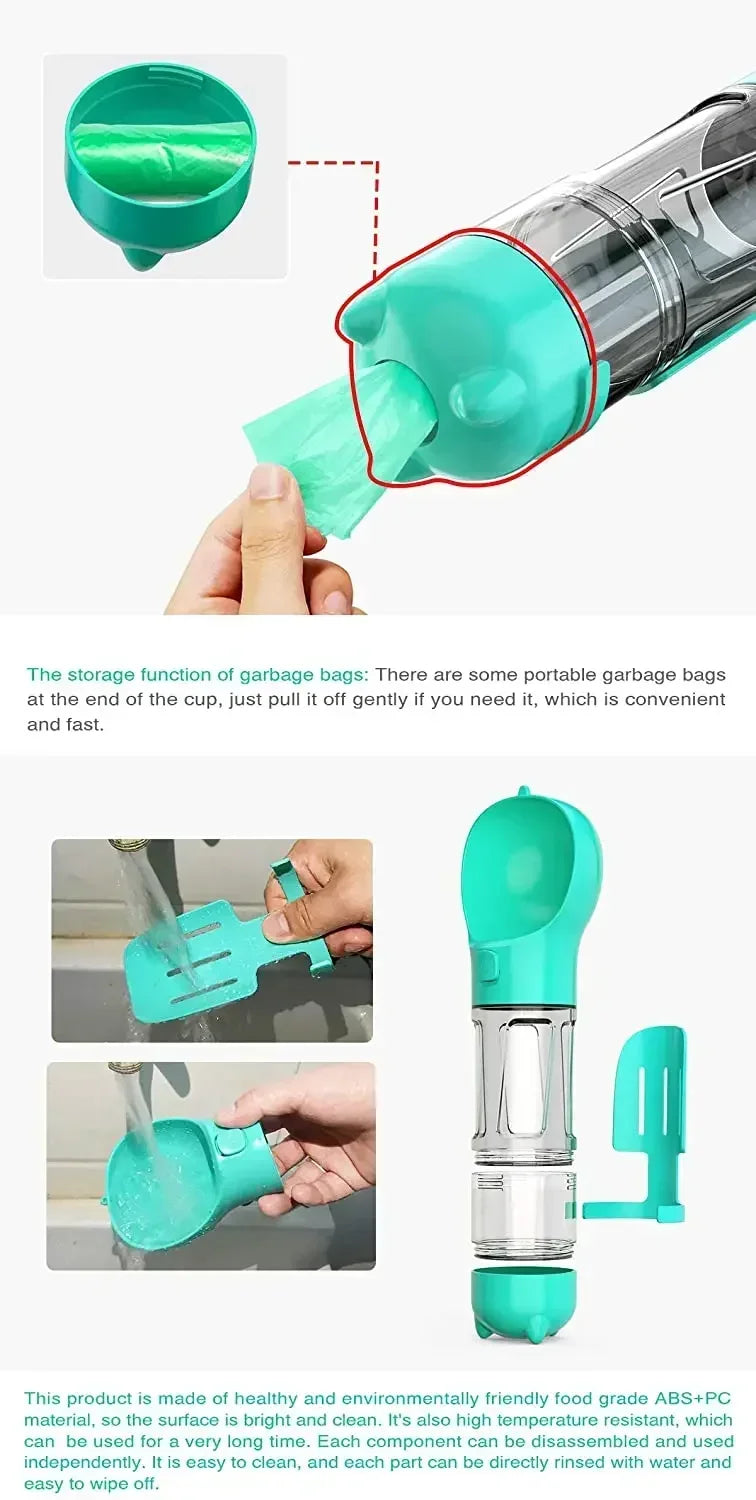 3-in-1 Portable Dog Water Bottle with Food Feeder & Poop Bag Dispenser