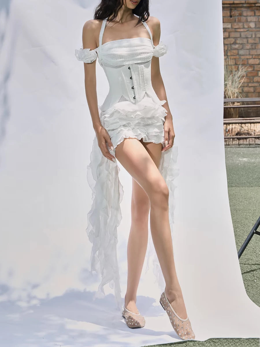 Two Piece Sets for Women Halter Off The Shoulder High Waist Mini Dress High Waist Shorts Slim Set Female