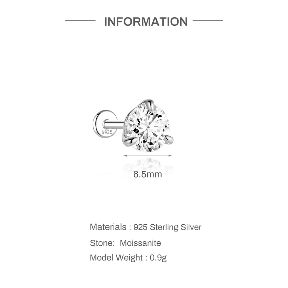 CANNER 1PC Classic Three Claws 0.03-1.2 Carat Sparkling D Color Moissanite Piercing Earring Women 925 Sterling Silver Earring