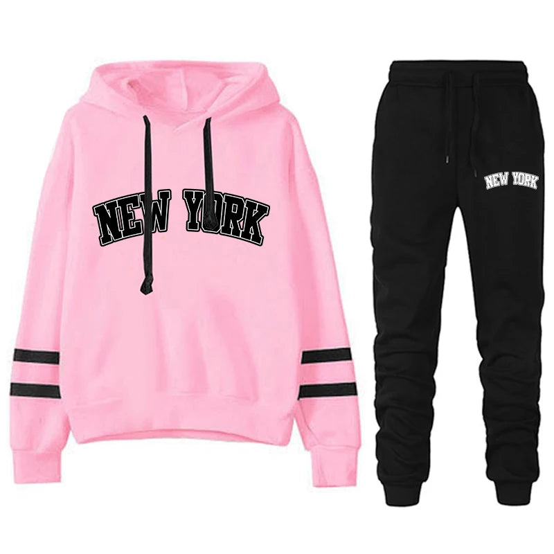 Women’s Hoodie & Jogger Tracksuit Set – Casual New York Print Outfit