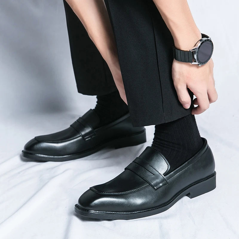 Fashion Penny Loafers Leather Men Shoes Simple Pointed Toe Slip On Dress Business Suit Casual Party Wedding Shoes For Man Brown