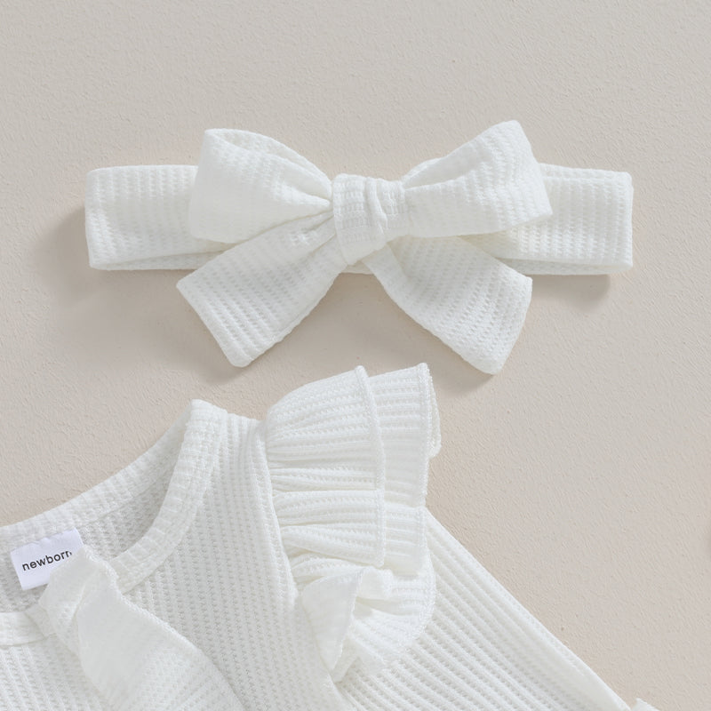 Infant Baby Girl Autumn Jumpsuit Solid Color Round Neck Flying Sleeve Ruffled Zipper Romper with Bow Headband 0-12M