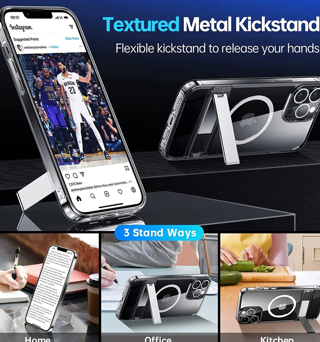 Clear Magnetic Phone Case with Kickstand for iPhone 17 Pro Max Air 16 15 14 Plus 13 12 11 Mini for Wireless Charging Back Cover