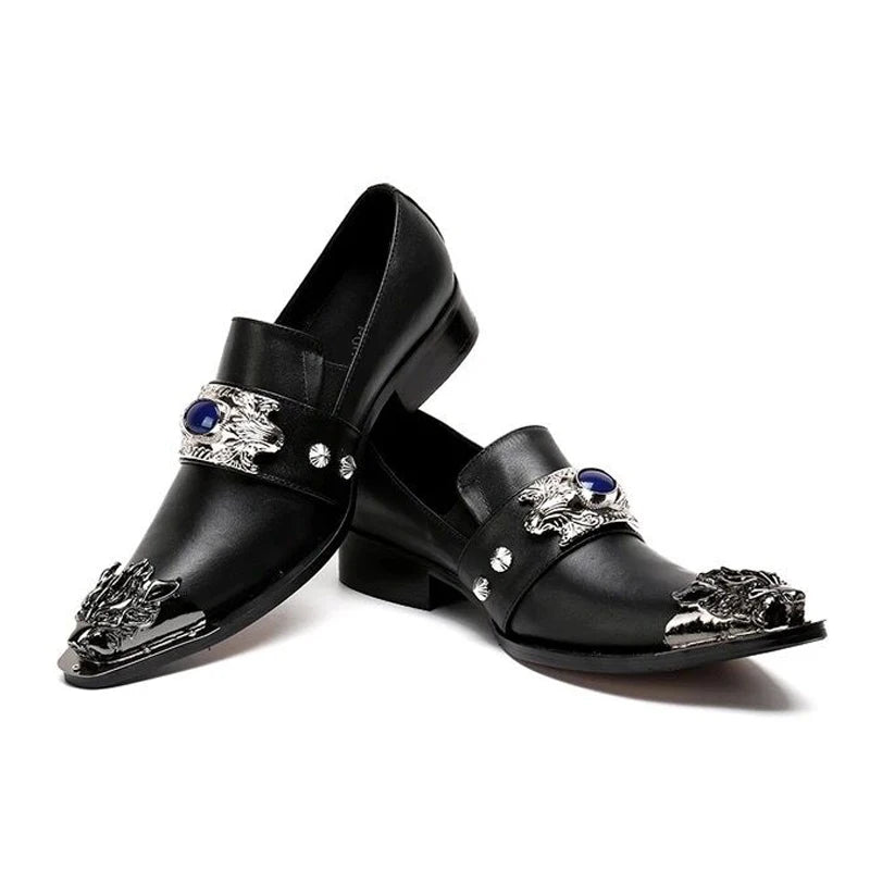 Men's Shoes Italian Style Pointed Metal Toe Leather Dress Shoes Men Slip on Oxfords Shoes for Men's Party and Wedding