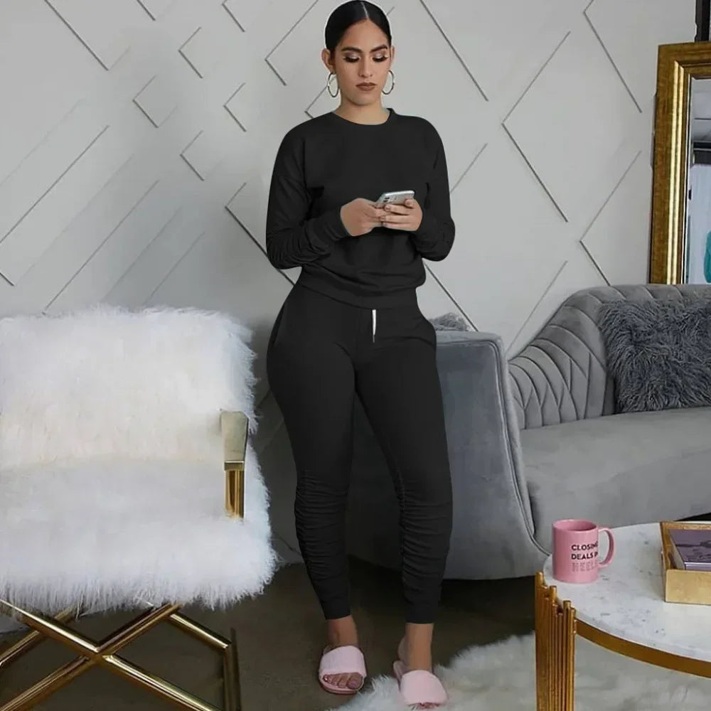 Women’s Slim Fit Long Sleeve Two Piece Set – Casual Warm Top & Elastic Waist Pants Outfit