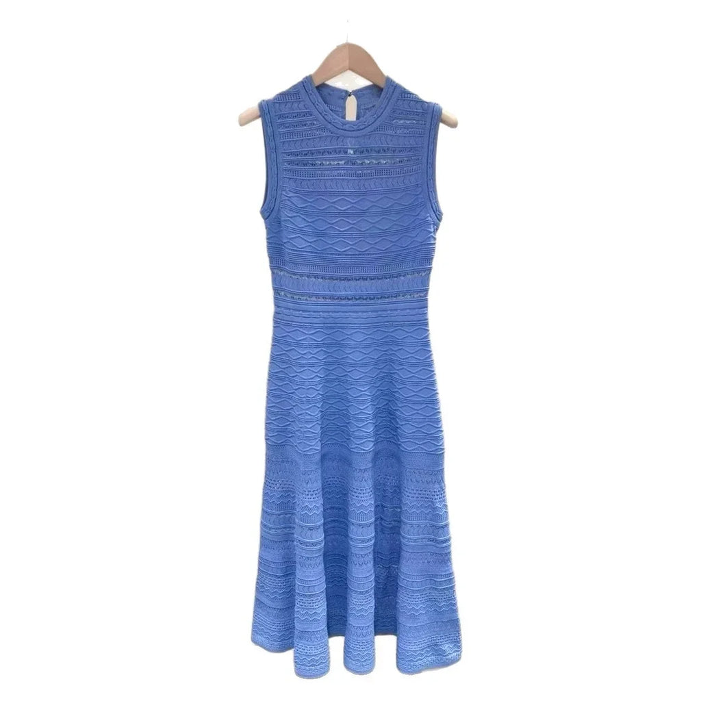Women's Argyle Jacquard Knit Dress Sleeveless round Neck Midi Elegant Hollow out Lady A-Line Beach Style Spring New