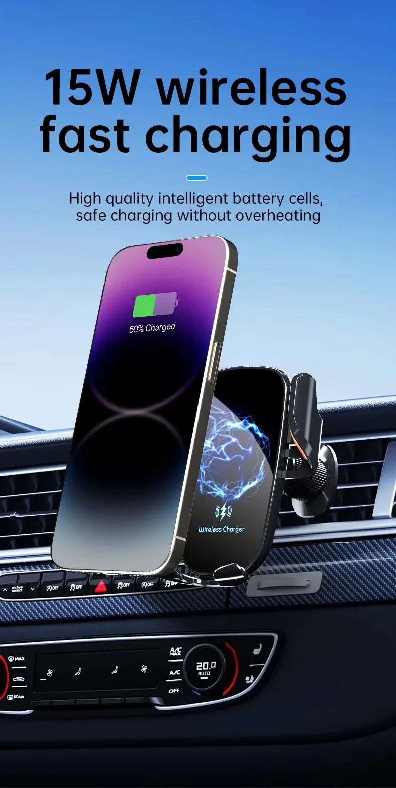 Fast Charge Wireless Car Charger with Manual Clamping Air Vent Mount for Samsung Android & iPhone 16 15 14 13 - Type C Qi Certified