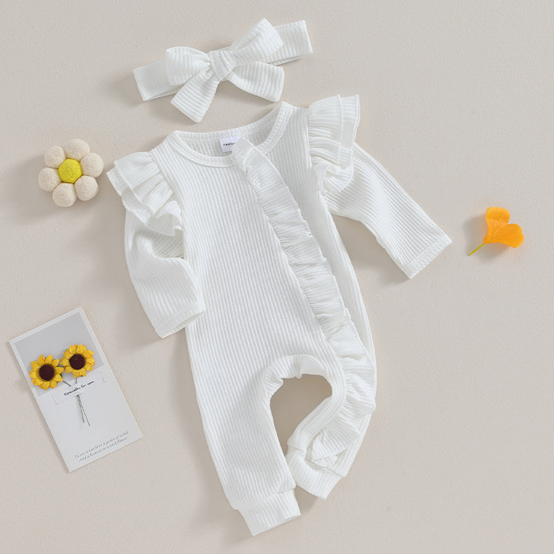Infant Baby Girl Autumn Jumpsuit Solid Color Round Neck Flying Sleeve Ruffled Zipper Romper with Bow Headband 0-12M