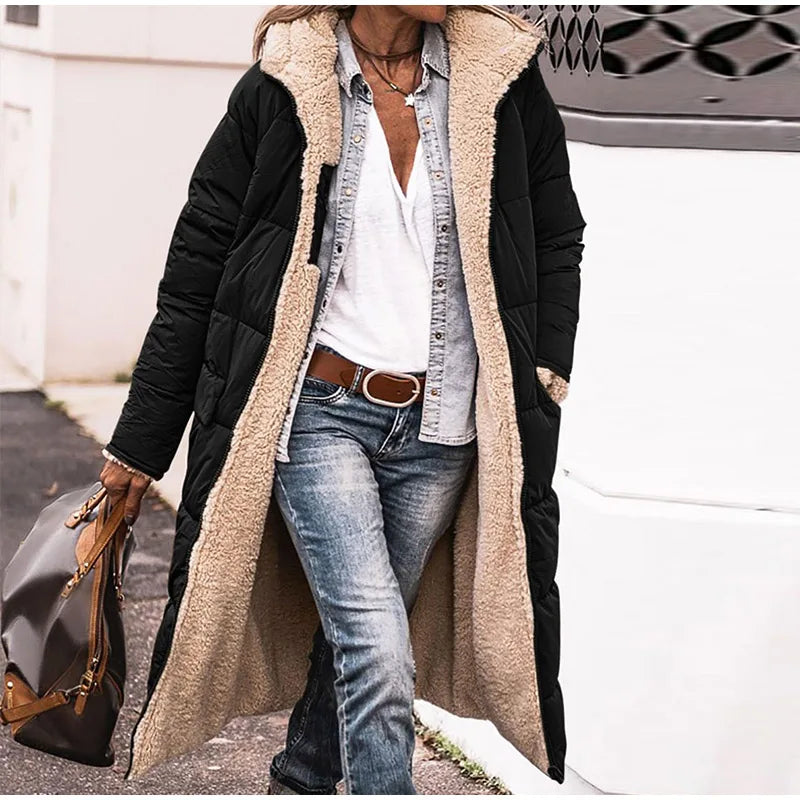 Women’s Winter Lambswool Fleece Parka | Quilted, Hooded, Long Warm Jacke