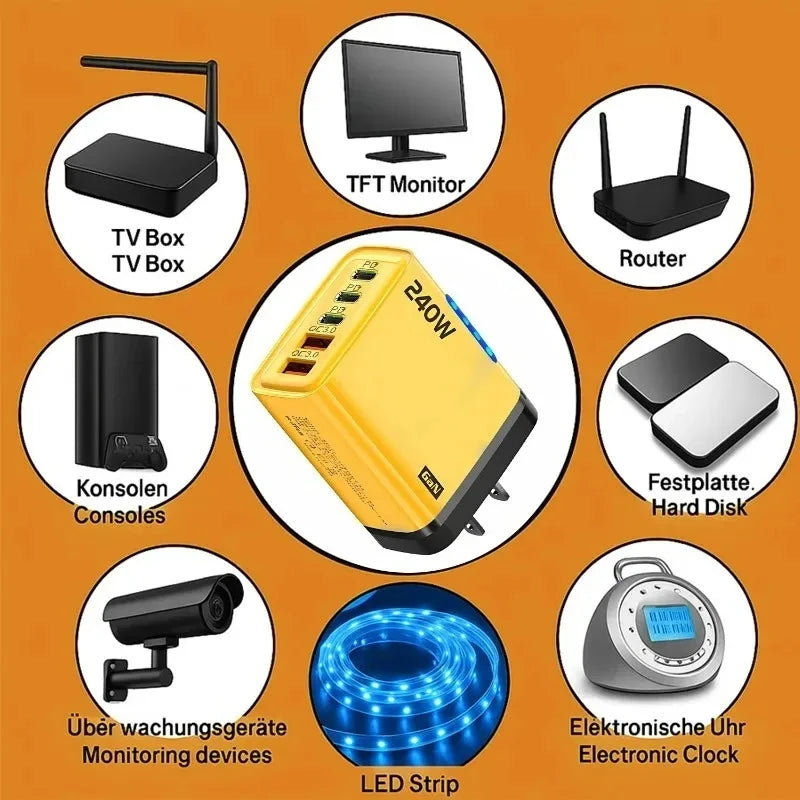 Xiaomi 240W 5 in 1 GaN Desktop Charger Fast Charging Adapter 10A USB To TypeC Cable 3PD 2 USB Charger For IPhone 16 15pro Laptop