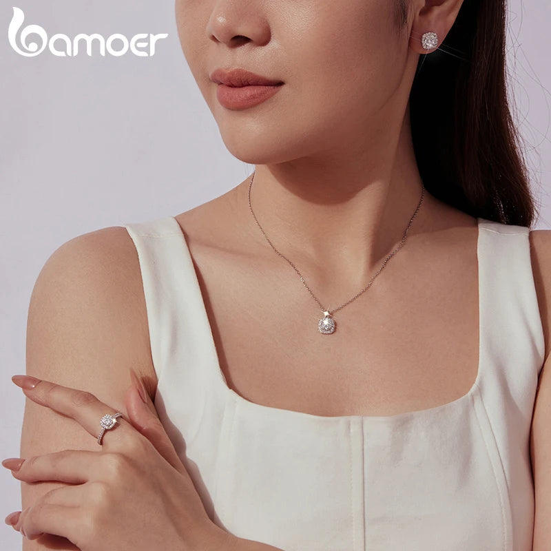 Necklace Stud Earrings 925 Sterling Silver Square Cut Diamond Wedding Engagement Jewelry Set