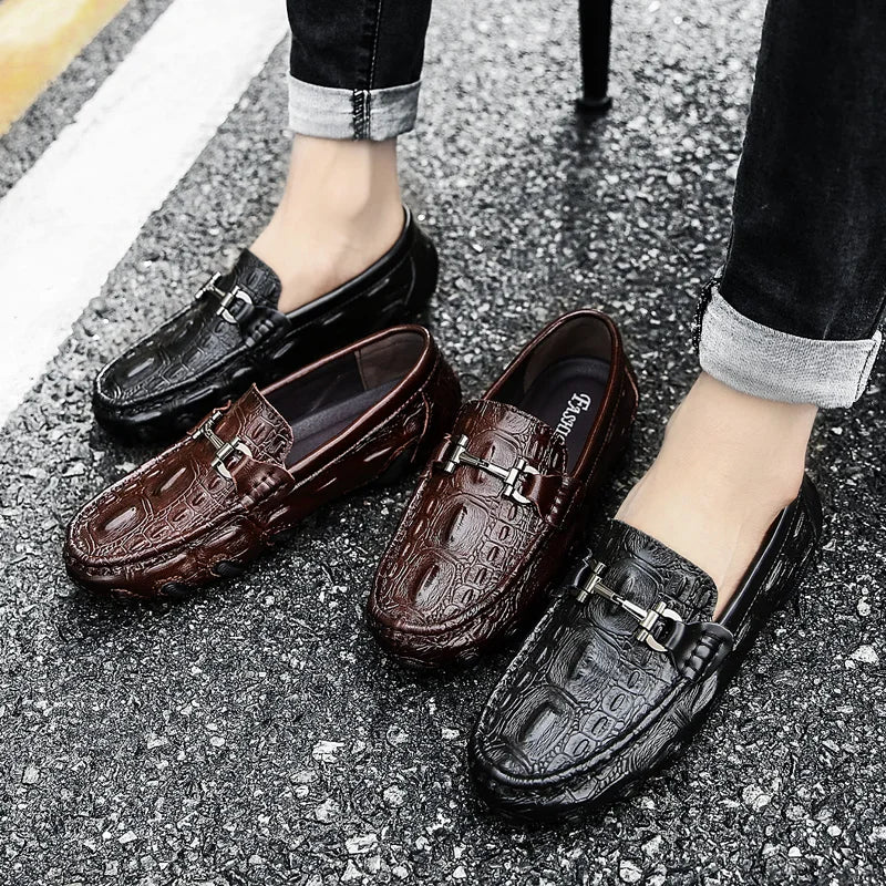 Men Casual Shoes Genuine Leather Crocodile Style Luxury Brand Mens Loafers Moccasins Slip on Black Driving Shoes Plus Size 38-47