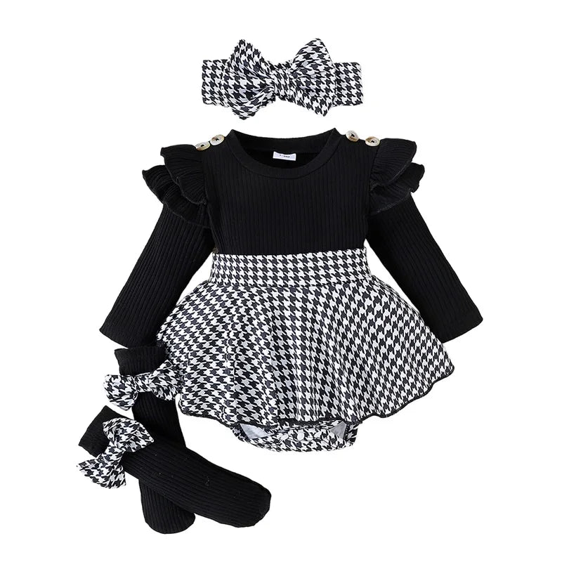 Baby Girl Spring Outfits Long Sleeve Houndstooth Print Romper Dress with Headband and Long Socks