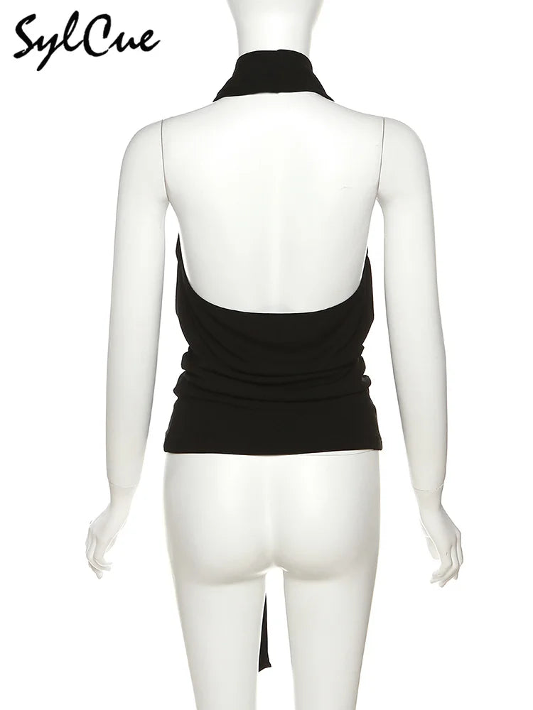 Sylcue 2023 Loose Casual All-match Simple Black Sexy Hot Confident Summer Travel Cool Soft Breathable Women's Halter Vest