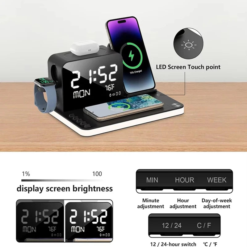 Wireless Charging Station Wireless Charging Station 7 in 1 Fast Charger Stand with Clock Night Lights for Watches Smartphones