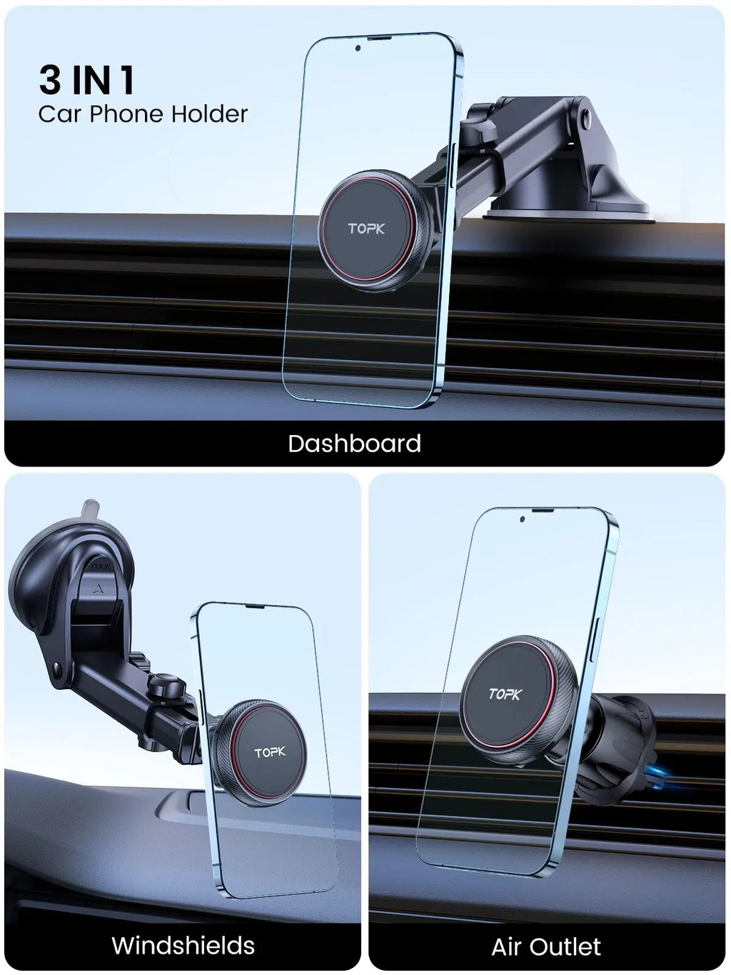 TOPK Magnetic Car Phone Mount; N52 Strong Magnet Dashboard Windshield Suction Cup Car Phone Holder Adjustable Telescopic Arm
