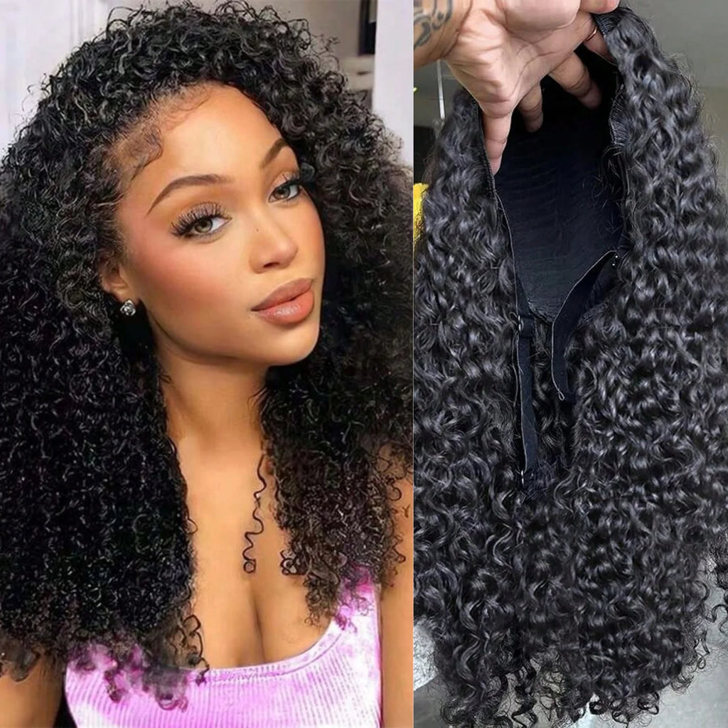 200 Density 3-In-1 Jerry Curly Half Wig Human Hair eamless Flip Over Half Wig Human Hair Glueless Wear And Go Drawstring HeadbW
