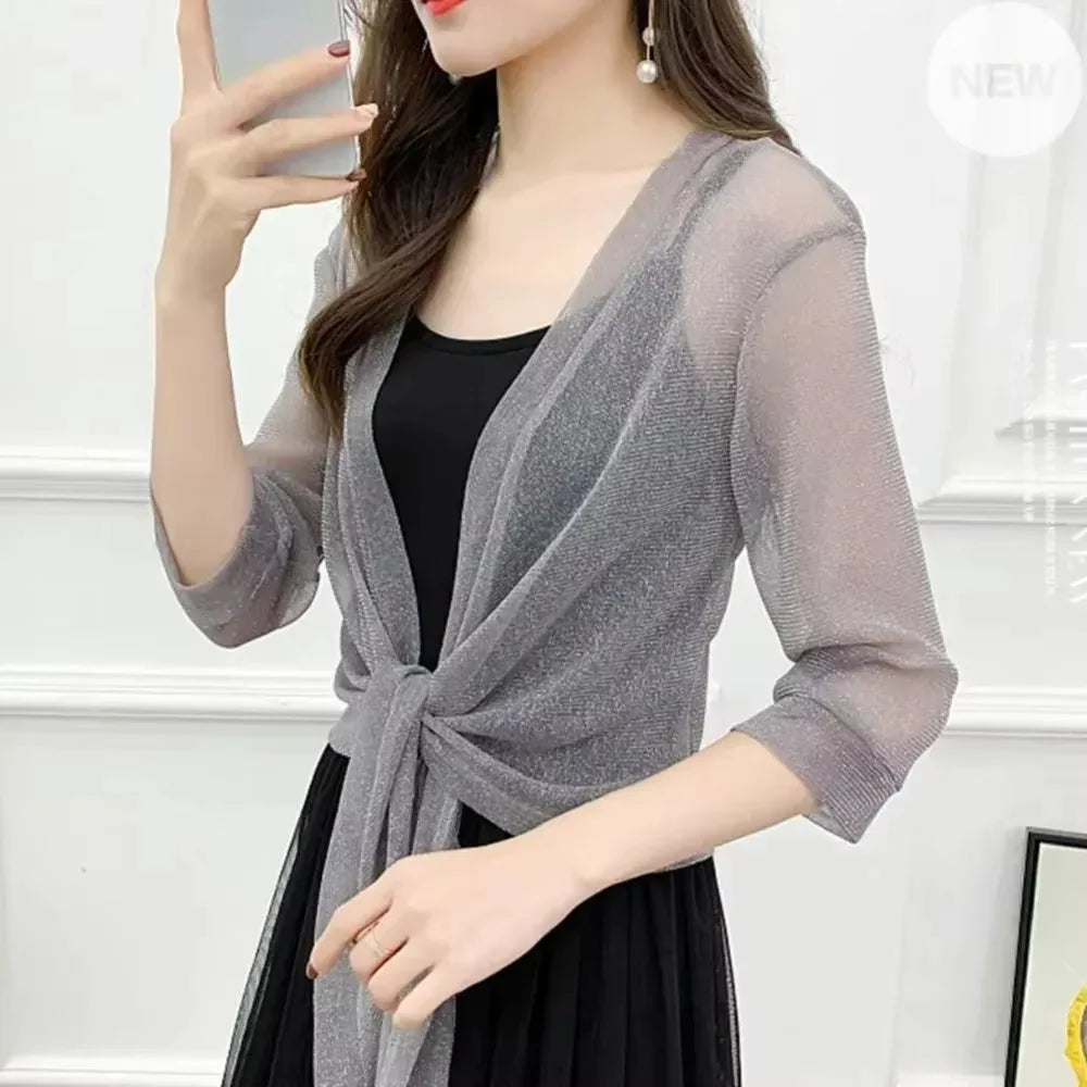 Women's Sparkling Lace-Up Cardigan Summer Sheer Cover Up Lightweight Loose Blouse Half Sleeve Beachwear Casual Glitter Jacket