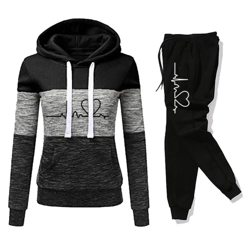 Women Tracksuit Printing Hooded Sweatshirt Sweat pant Color Block Versatile Casual Jogging Pullovers Sport Trousers Outfits
