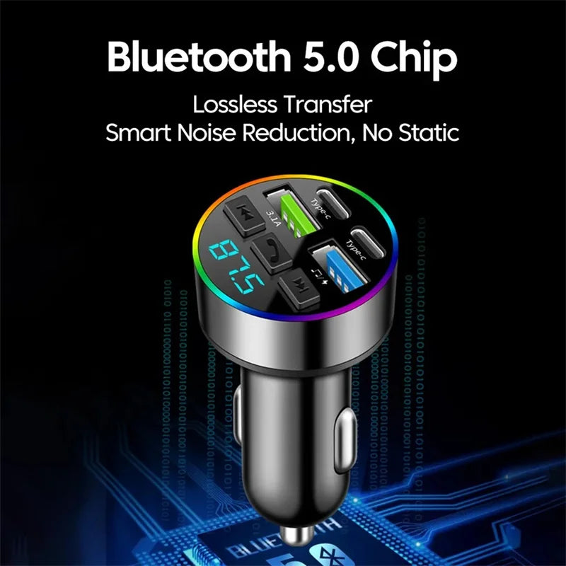 Bluetooth 5.0 FM Transmitter Car USB Quick Charge 4 Ports with Atmosphere Light Hands-Free Call And Music Input