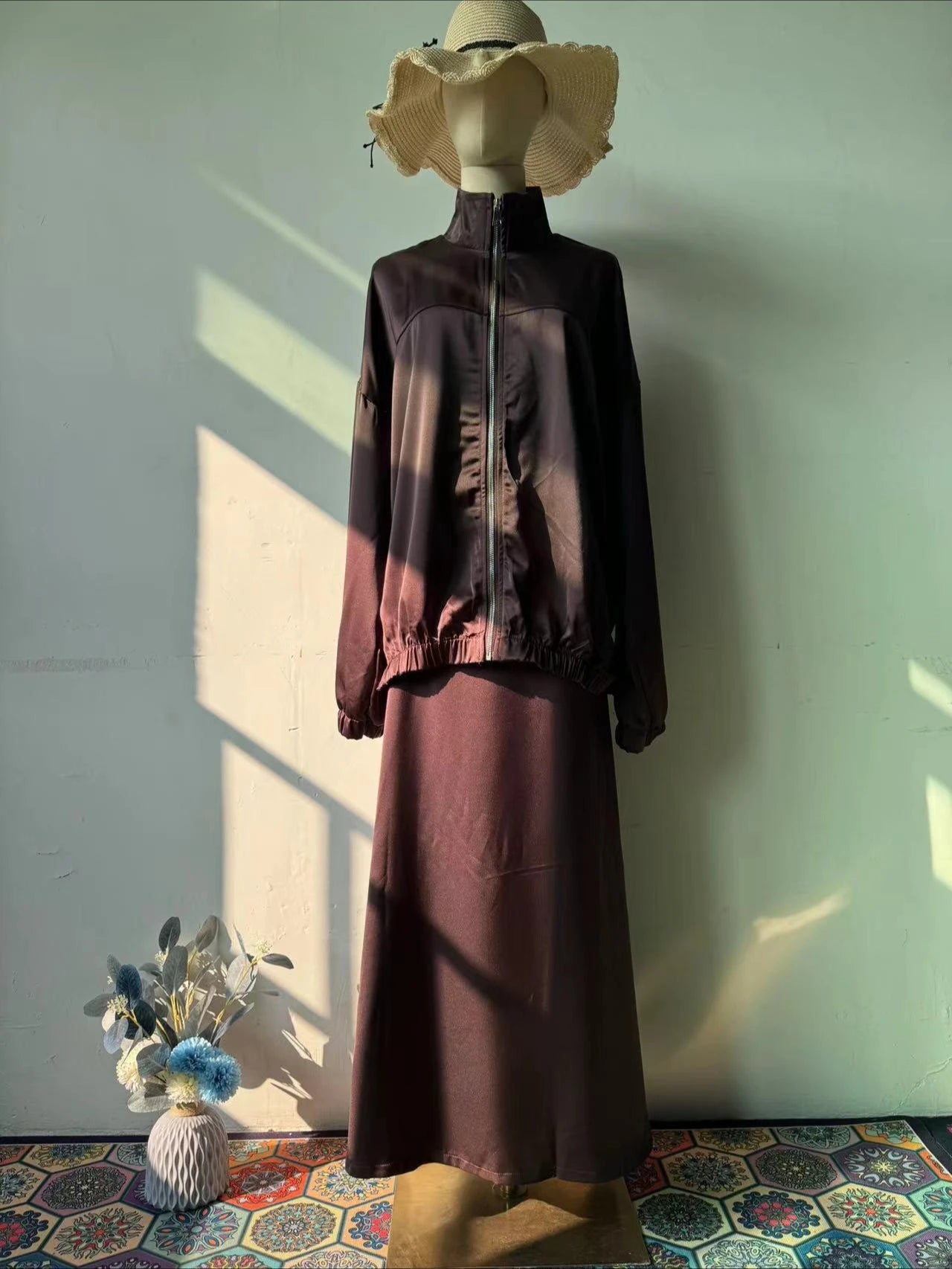 Muslim Dress Satin 2 Piece Set Women Party Abaya Musulman Ensembles Arab Long Robe Dubai Kaftan Vestidos Jalabiya Ramadan Eid