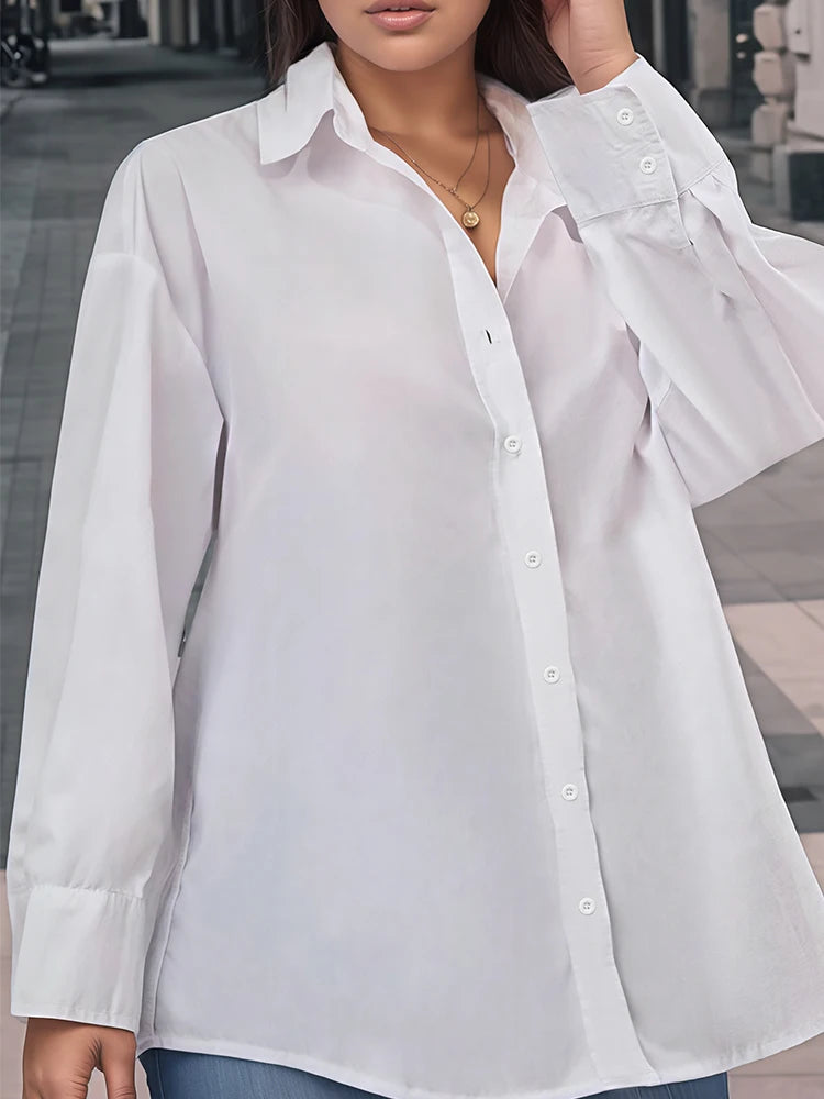 Plus Size Women's Crop Top Shirt Elegant Women's Tie-Front Long-Sleeved Shirt Solid Colour Suitable for Autumn