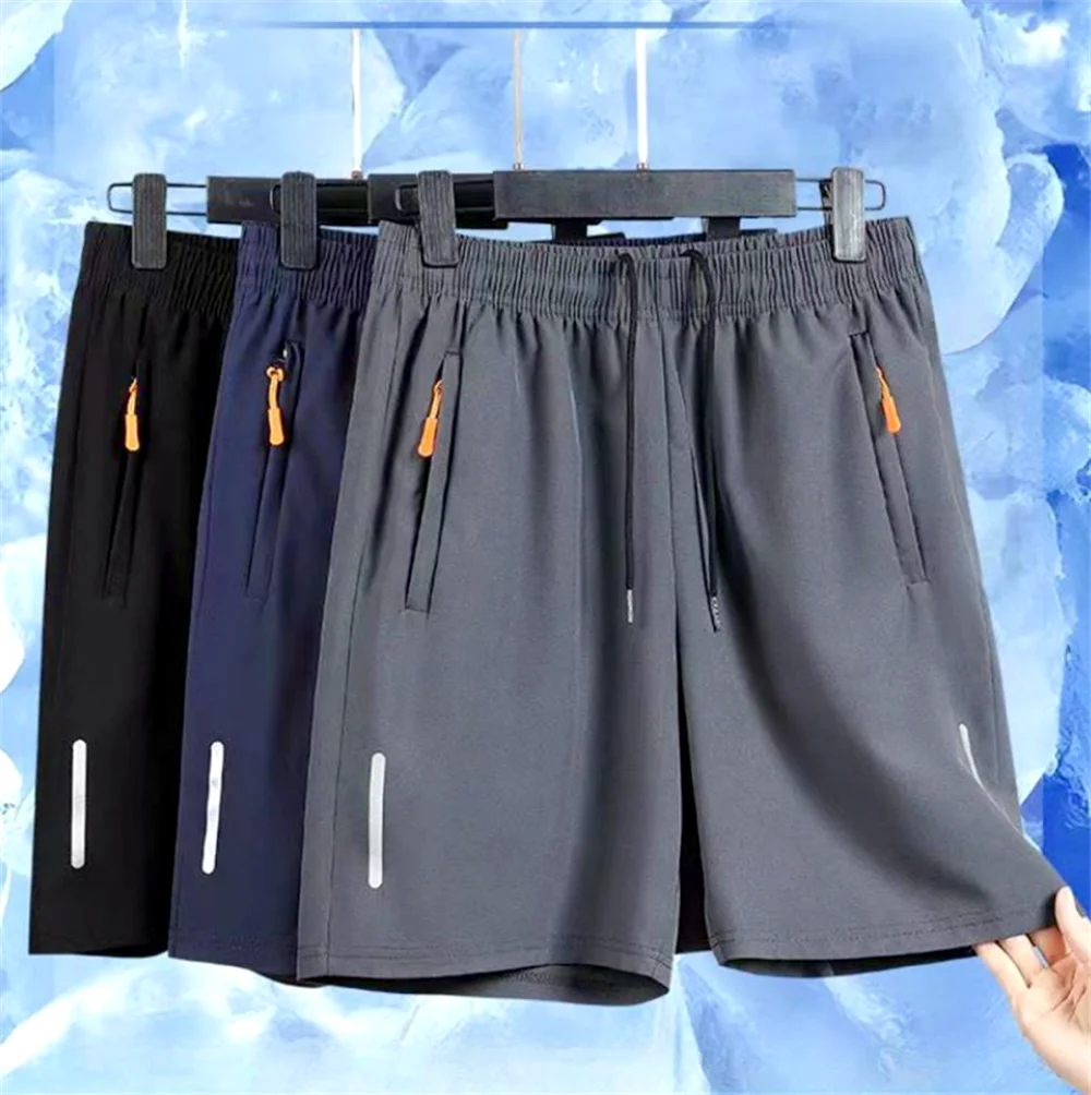 Men's Summer Thin Ice Silk Casual Shorts Quick Dry Loose Fit Elastic Waist Gym Sports Jogging Pants with Zipper