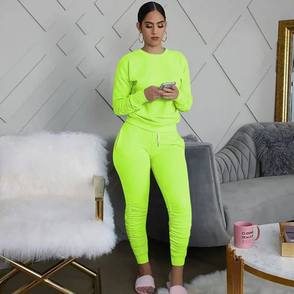 Women’s Slim Fit Long Sleeve Two Piece Set – Casual Warm Top & Elastic Waist Pants Outfit