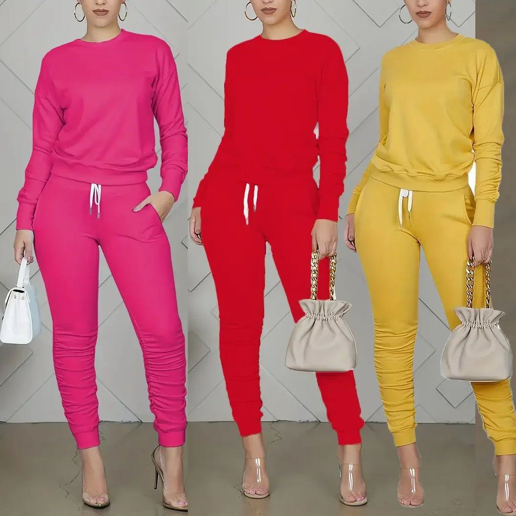 Women’s Slim Fit Long Sleeve Two Piece Set – Casual Warm Top & Elastic Waist Pants Outfit