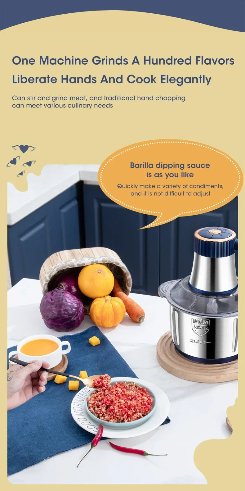 Stainless Steel Electric Meat Grinder Multifunctional Food Chopper Vegetable Slicer Processor Household Kitchen Blender