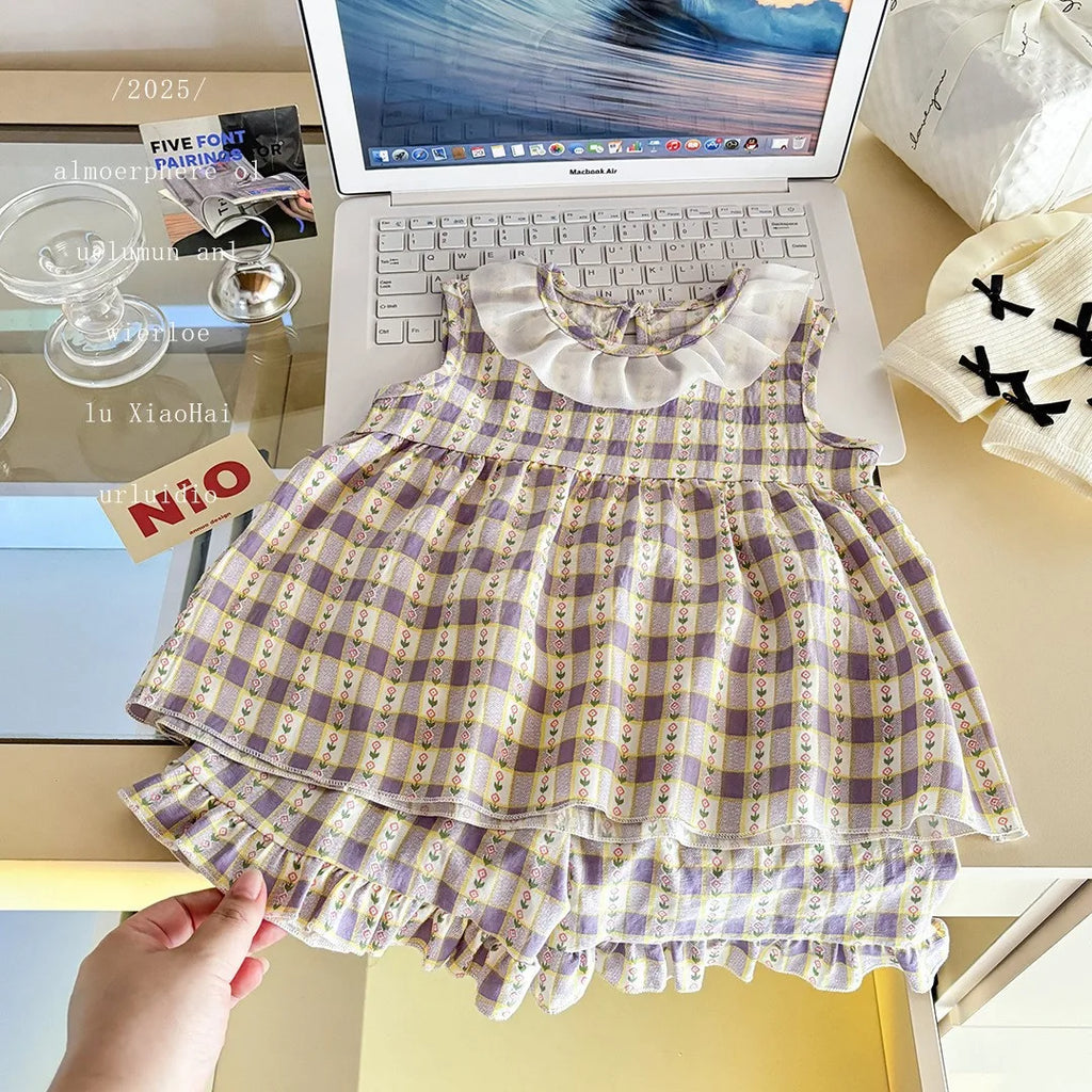 Two-Piece Set  Sleeveless Princess Dress with Floral Print, Summer Thin Outfit for Baby Girls Baby Girl Cute