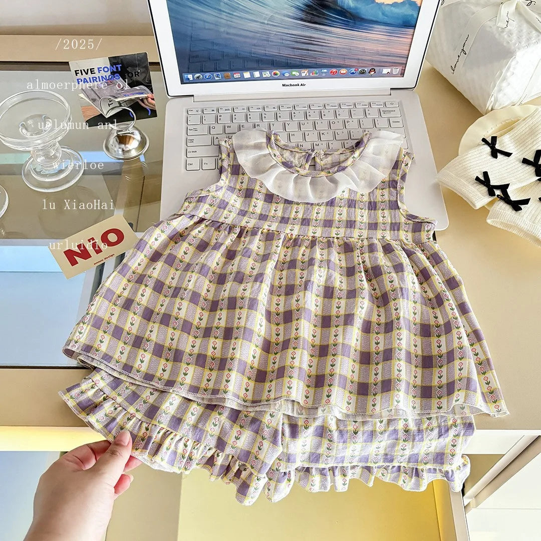 Two-Piece Set  Sleeveless Princess Dress with Floral Print, Summer Thin Outfit for Baby Girls Baby Girl Cute