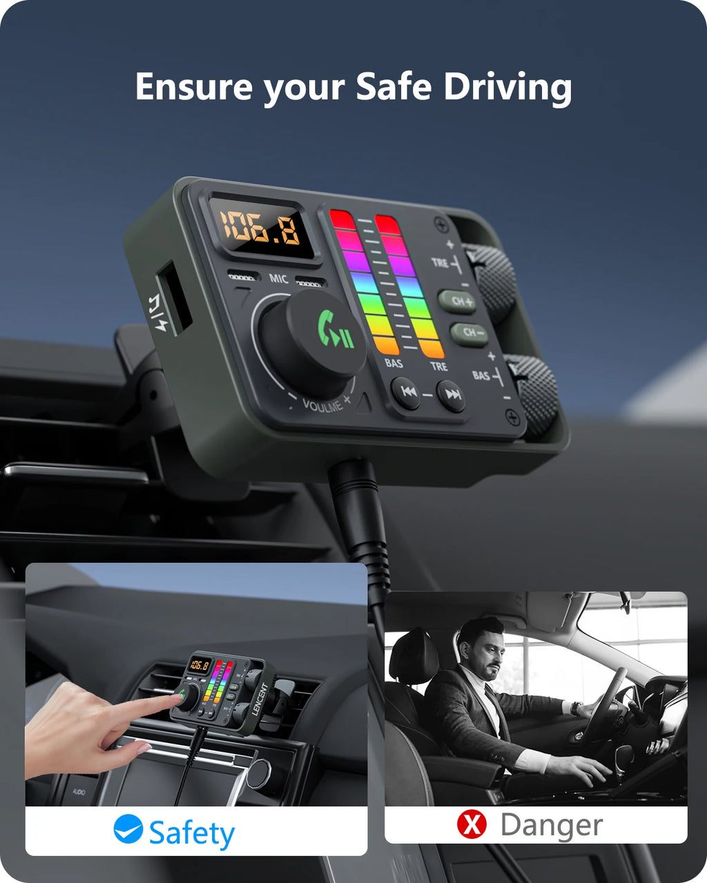 Bluetooth 5.3 Car FM Transmitter, Hi-Fi Treble & Bass Music Player, PD20W QC18W Fast Car Charger, Radio Bluetooth Car Ad