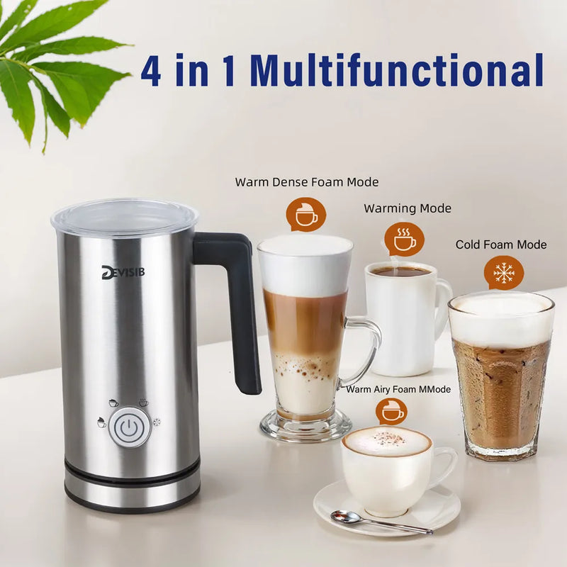 Electric Milk Frother & Steamer – Hot & Cold Foam Maker for Coffee, Latte & Cappuccino, 4-in-1 Stainless Steel Frother”