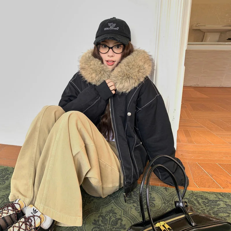 Women Short Parkas Coat Solid Jacket Big Fur Collar Hooded Zipper Pocket Long Sleeve Loose Casual Office Lady 2025 Autumn Winter