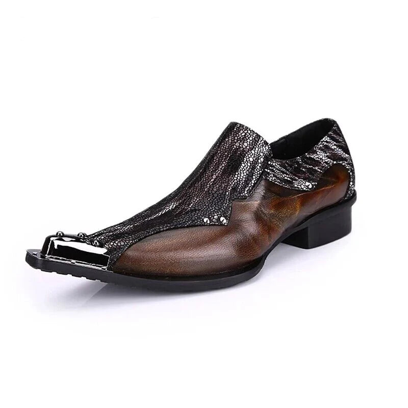 Men's Shoes Italian Style Pointed Metal Toe Leather Dress Shoes Men Slip on Oxfords Shoes for Men's Party and Wedding