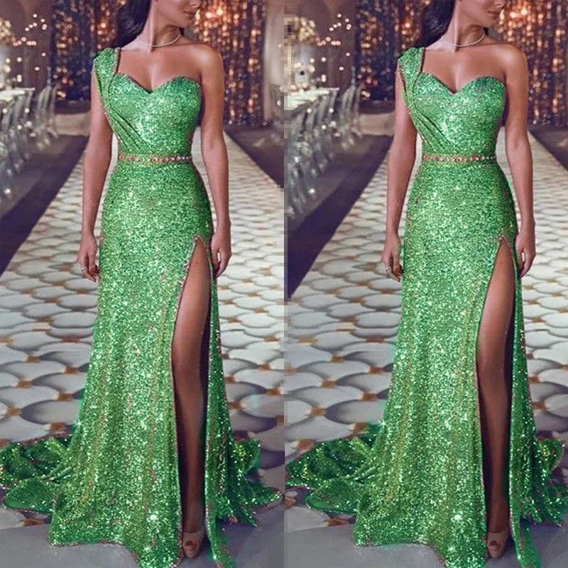 Women's Wedding Party Dress Evening Elegant Sexy Deep V Neck One Shoulder Sleeveless Sequined Long Maxi Dresses For Women