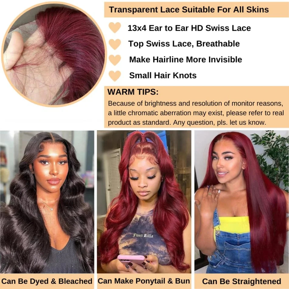 99J Burgundy 13X6 Hd Lace Frontal Human Hair Wigs Body Wave Lace Front Wigs Colored Ginger Human Hair Wigs 250 Density For Women