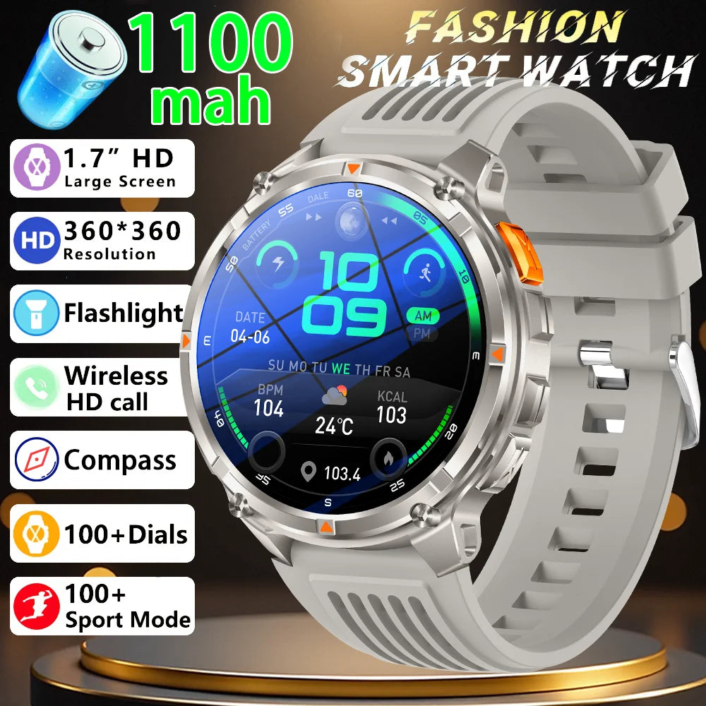 Men Smart Watch 1.7inch LED Flashlight HT33 BT Calling Outdoor Sports Compass Health Monitoring 1100mAh Large Battery Smartwatch
