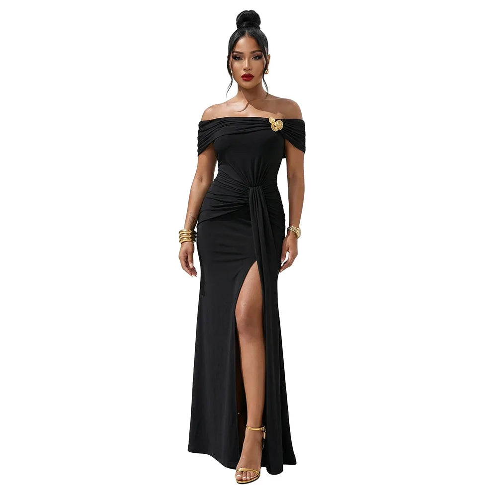 Women Slash Neck Ribbon Short Sleeve Long Maxi Dress Summer Street Evening Birthday Party Sexy Dresses