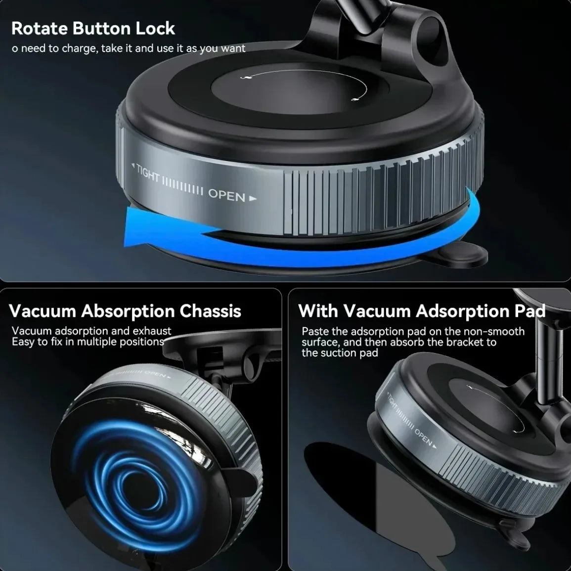 Magnetic Phone Mount 360° Rotation Vacuum Suction Car Holder Foldable Retractable for Safe Driving