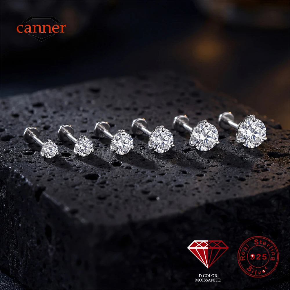 CANNER 1PC Classic Three Claws 0.03-1.2 Carat Sparkling D Color Moissanite Piercing Earring Women 925 Sterling Silver Earring