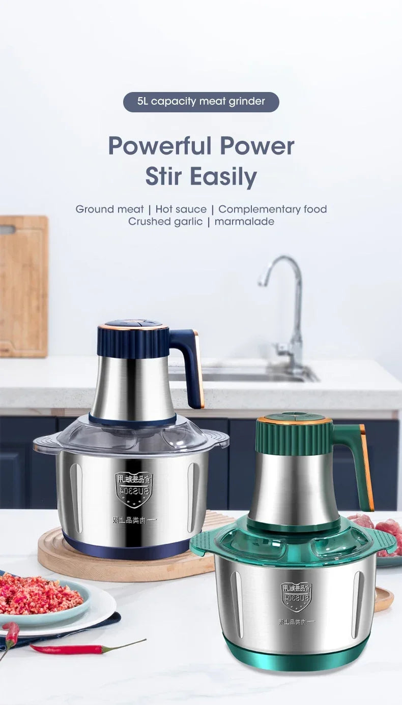 Stainless Steel Electric Meat Grinder Multifunctional Food Chopper Vegetable Slicer Processor Household Kitchen Blender