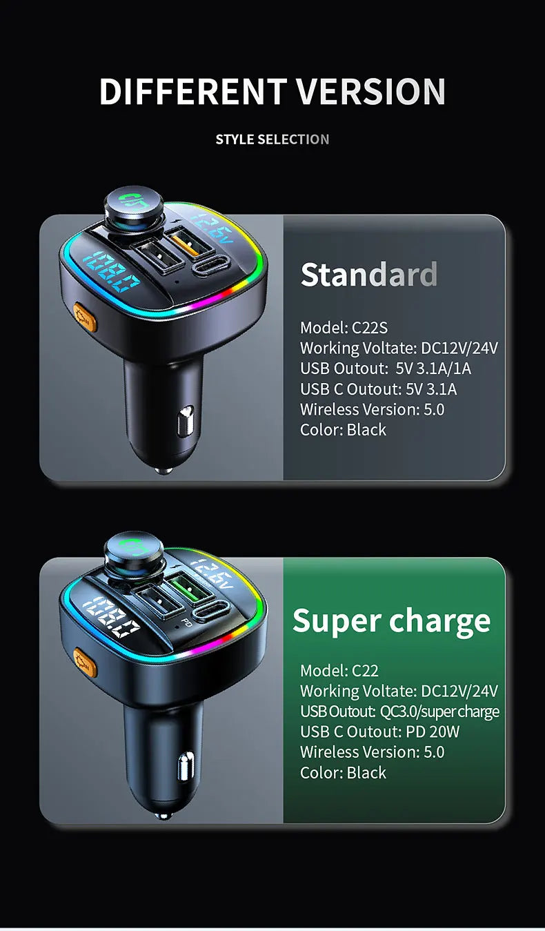 Bluetooth 5.0 FM Transmitter 22.5W USB Quick Charge Car Radio Modulator Handsfree MP3 Player with Car Adapter